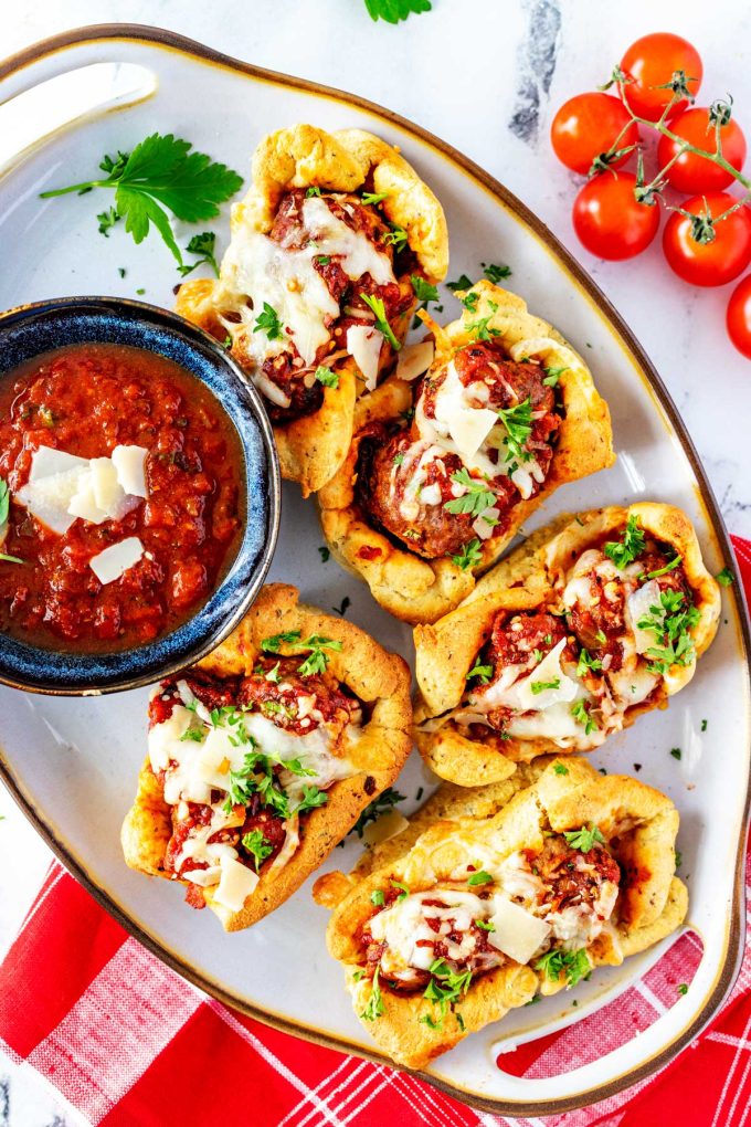 Overhead photo of a platter of keto meatball subs.
