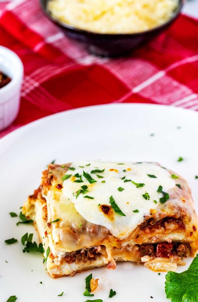 Side photo of a square of keto lasagna.