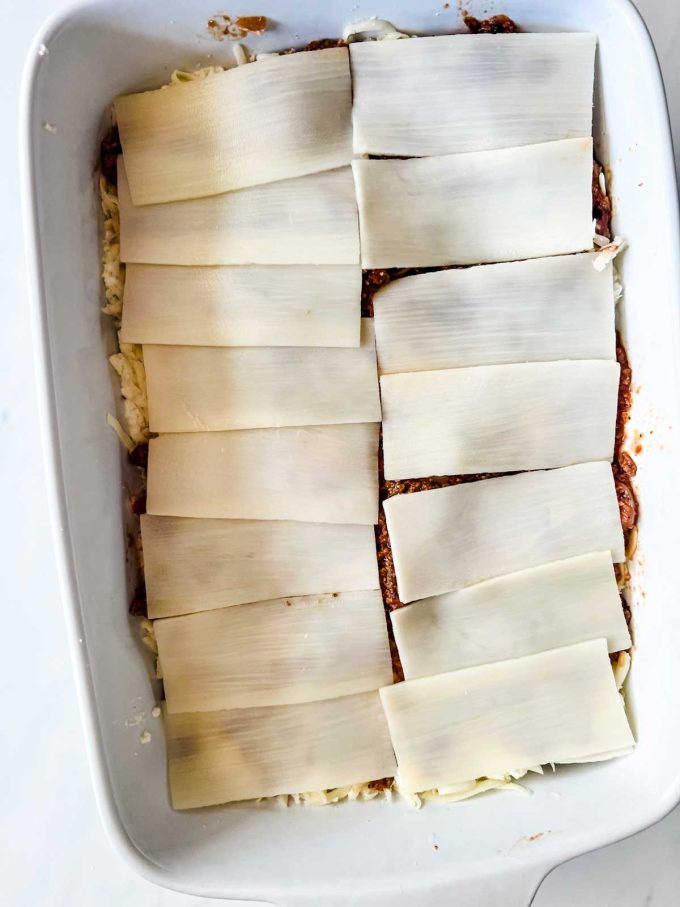 Palmini noodles that have been layered into a lasagna.