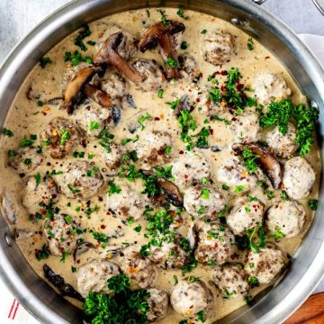 Overhead photo of a large skillet with keto meatball stroganoff in it.