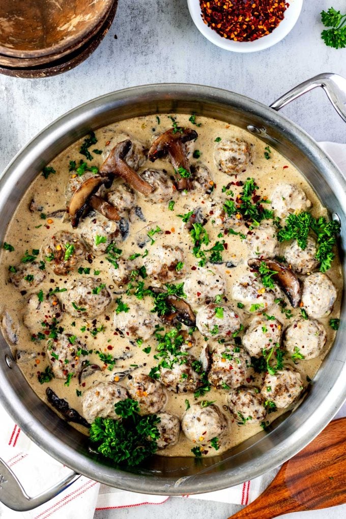Overhead photo of a large skillet with keto meatball stroganoff in it.