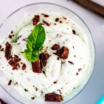 Close up photo of a glass dish with keto mint chocolate chip ice cream garnished with chocolate and fresh mint.
