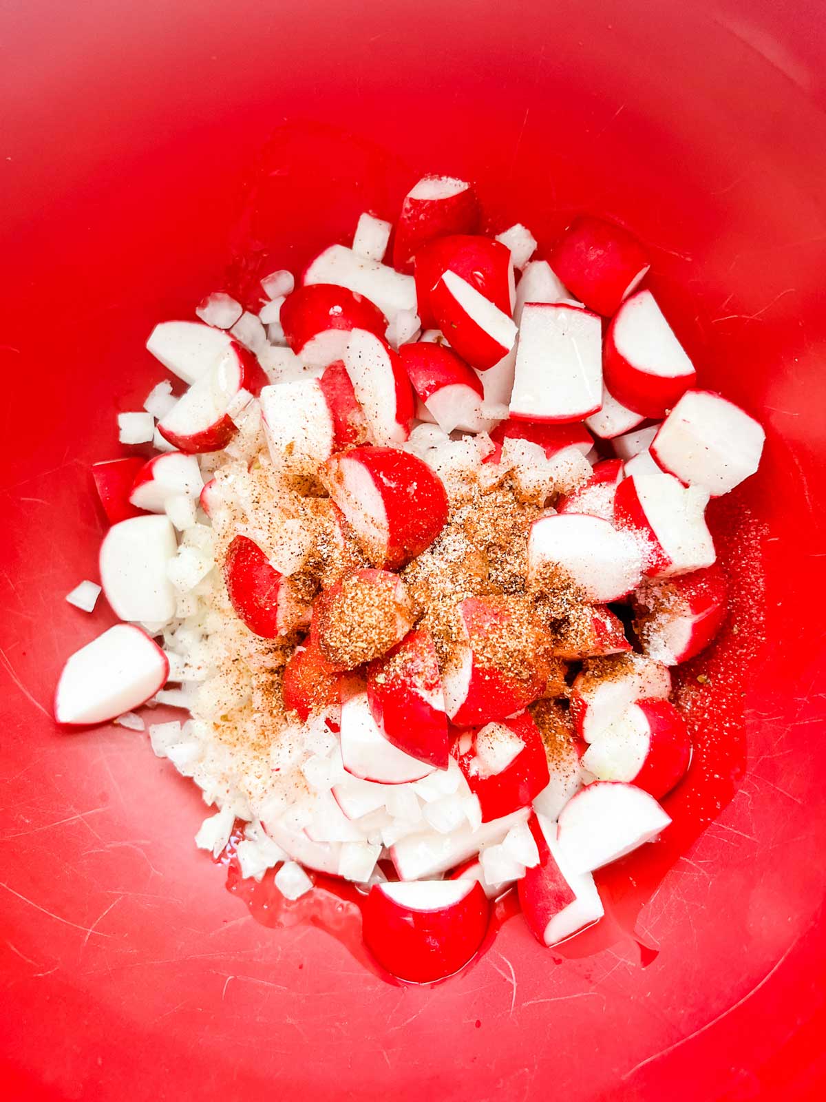 Photo of a red bowl with radish, onion, and seasonings.
