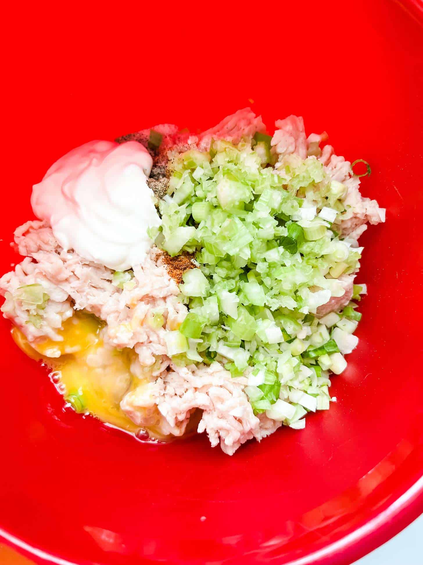 Ground chicken, sour cream, celery, egg, and seasonings in a red bow.