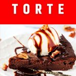 Side photo of a keto chocolate torte with the text above that says Low Carb Torte.