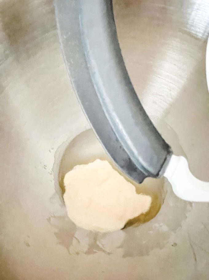 Gelatin and water in the bowl of a stand mixer.