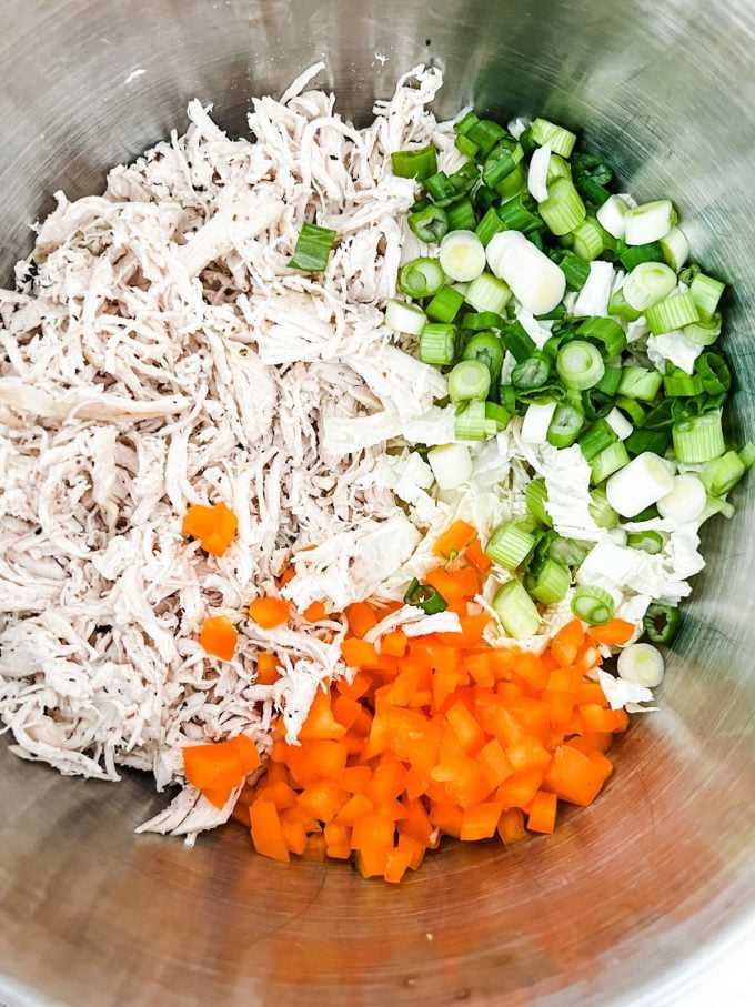 Photo of shredded chicken, bell pepper, and green onion on top of shredded cabbage.