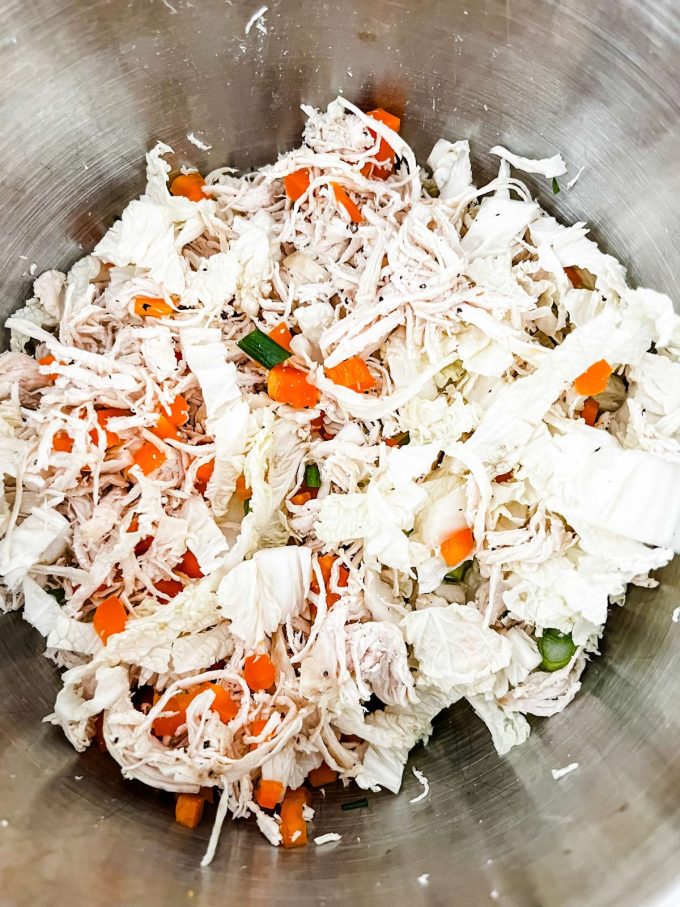 Photo of shredded chicken, bell pepper, and green onion that has been tossed with shredded cabbage.
