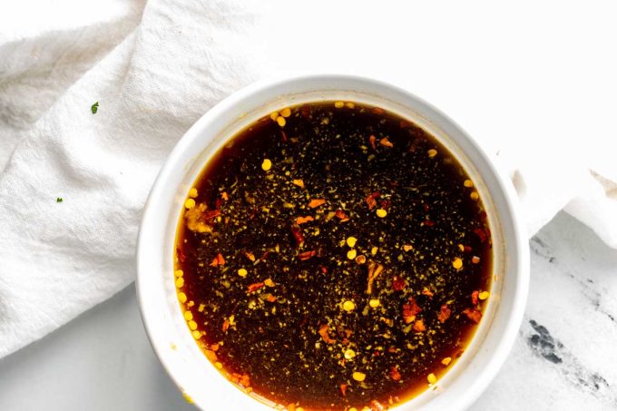 Photo of sauce for sesame chicken in a small bowl.