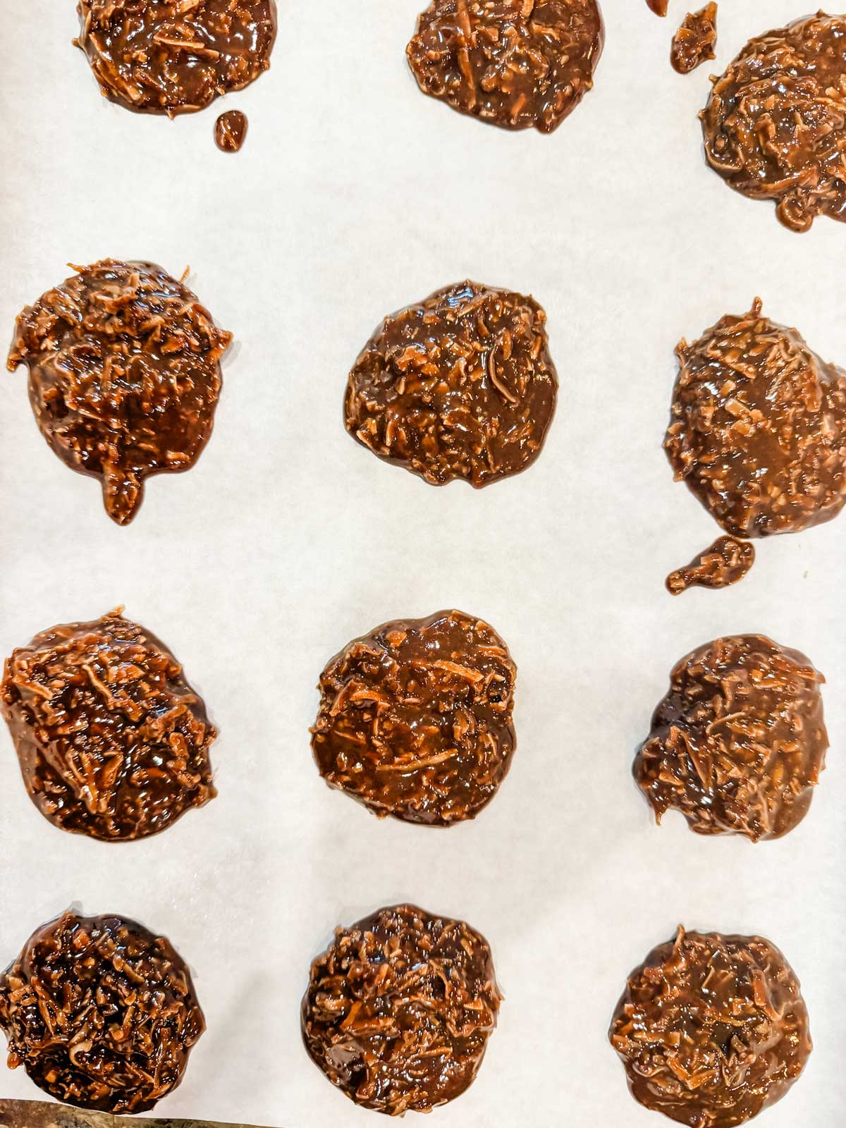 Twelve round chocolate no-bake cookies are spaced out on a sheet of parchment paper, ready to set. The cookies have a rough, textured surface with visible coconut.