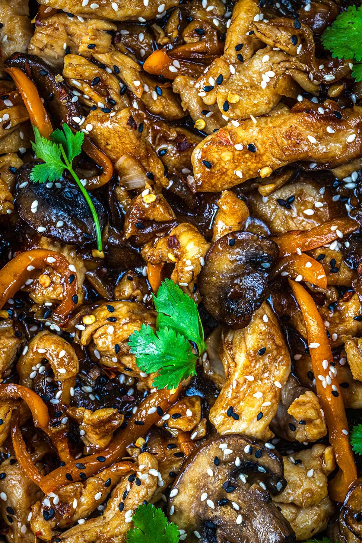 Close-up of a stir-fry dish featuring sliced chicken, mushrooms, and orange bell peppers, garnished with black and white sesame seeds and fresh cilantro leaves. The dish looks savory and colorful.